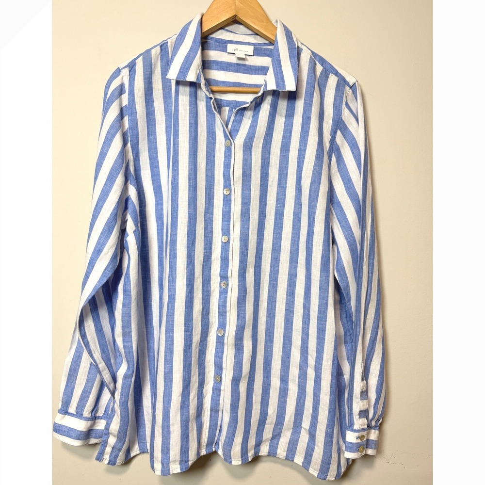 J.Jill Love Linen Blue White Striped Button Down 100% Linen Shirt Womens Large